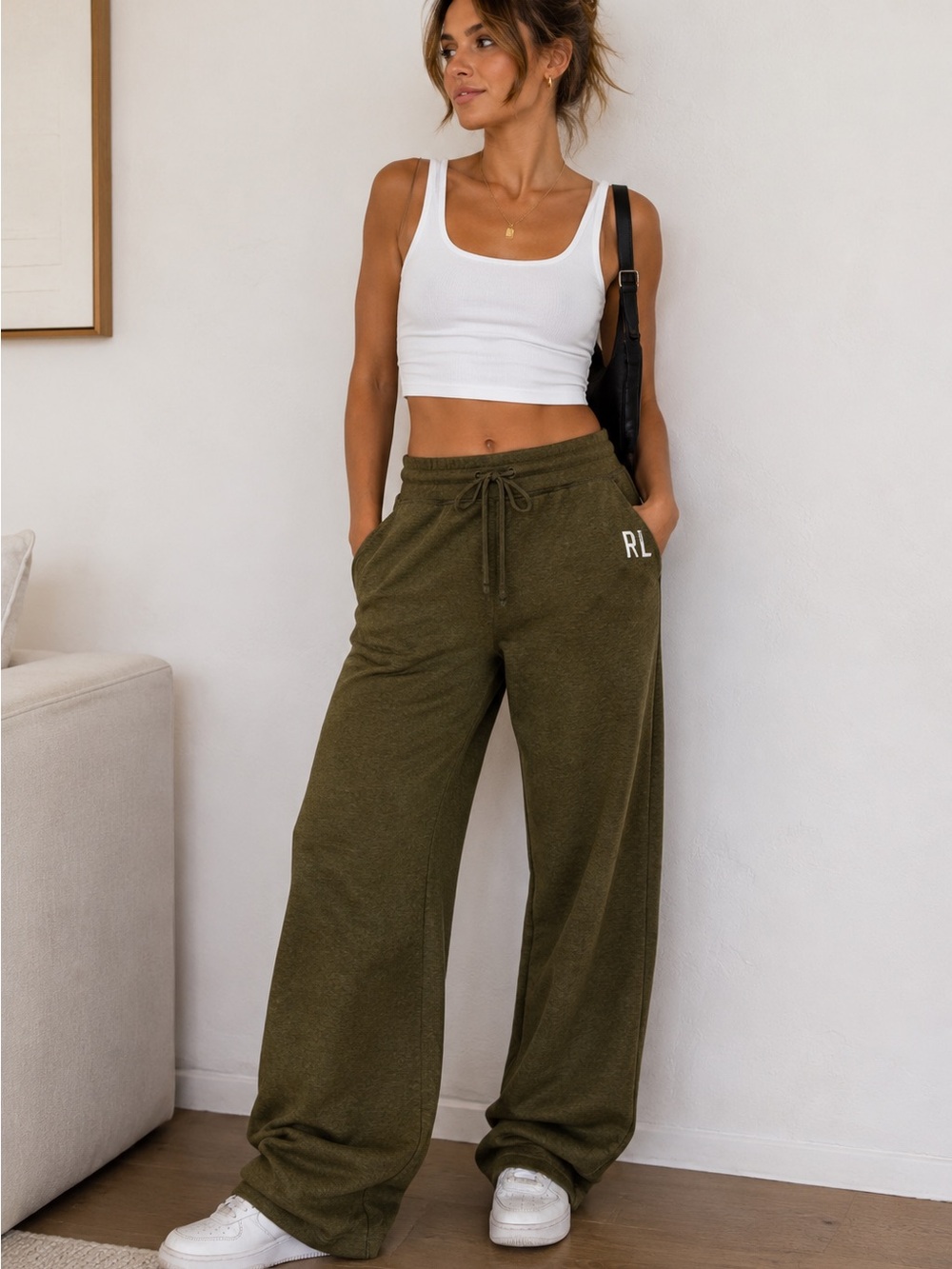 Vintage Polo Ralph Lauren Sweatpants Large Olive Green Wide Leg Lounge Y2K